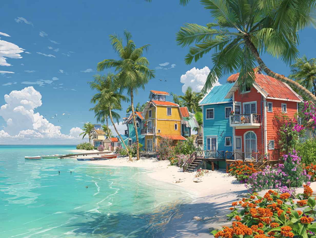 Colorful beach houses on a Bahamian shore