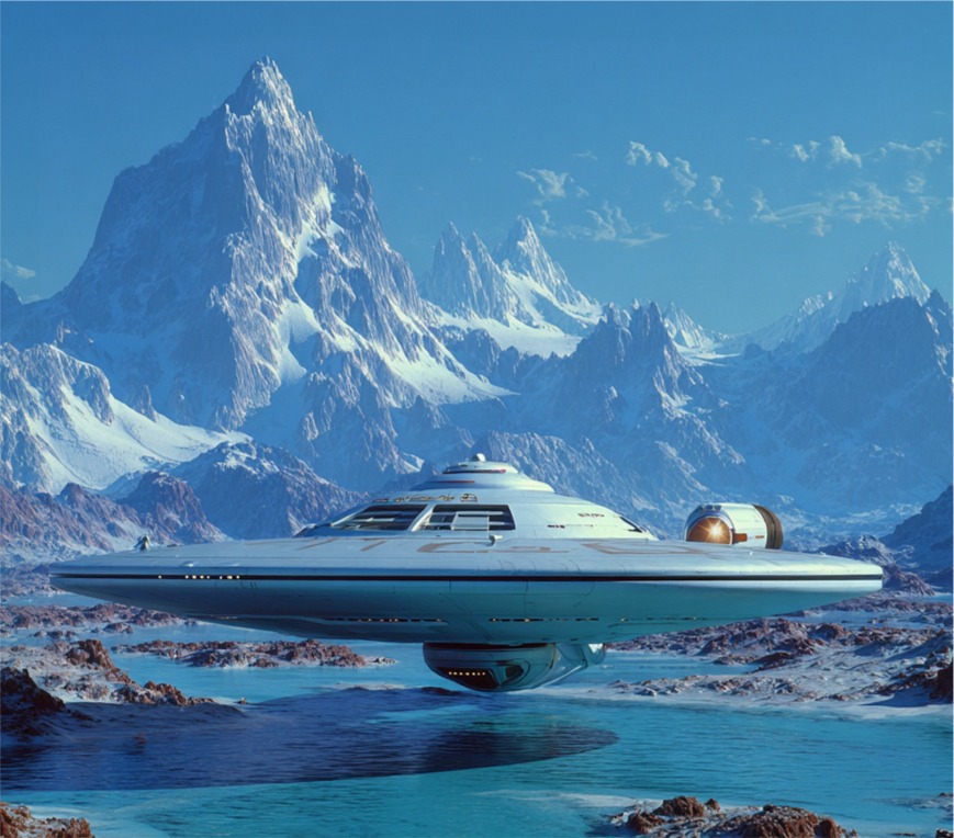 Starship hovering over an icy mountain world